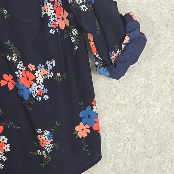 Michael Kors Blouse Womens 3X Blue Floral Zip Front Roll Tab Sleeve Office - Picture 2 of 12